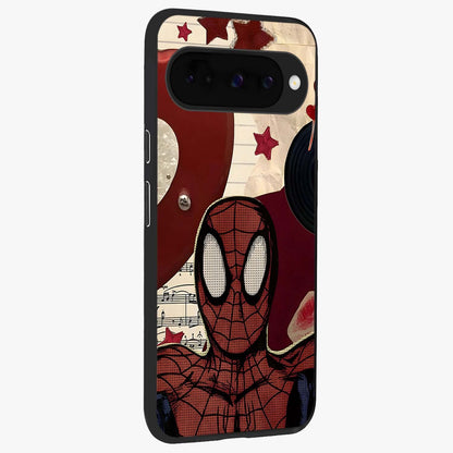 Web Warrior Vibes Glass Case upright view showcasing energetic superhero artwork with bold action theme.
