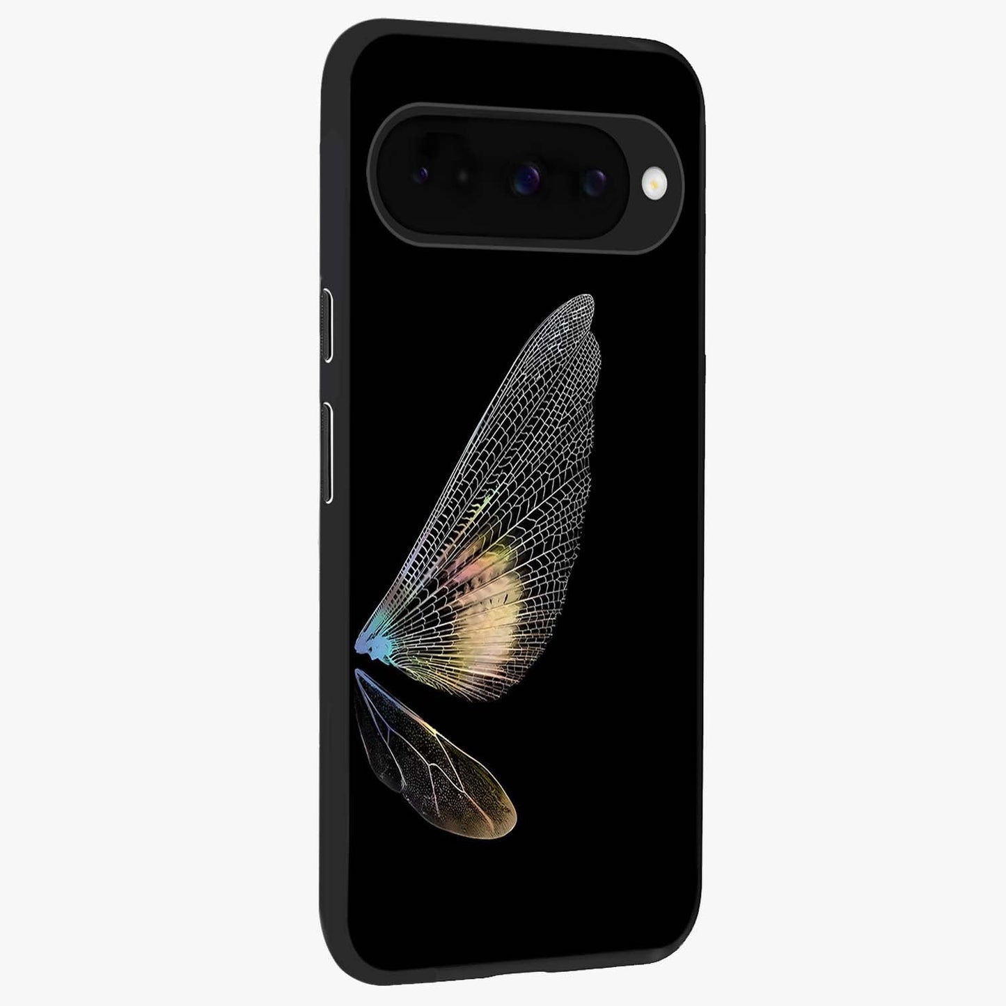 Whispers Of Wings Glass Case upright view showcasing elegant wing artwork with light airy theme.