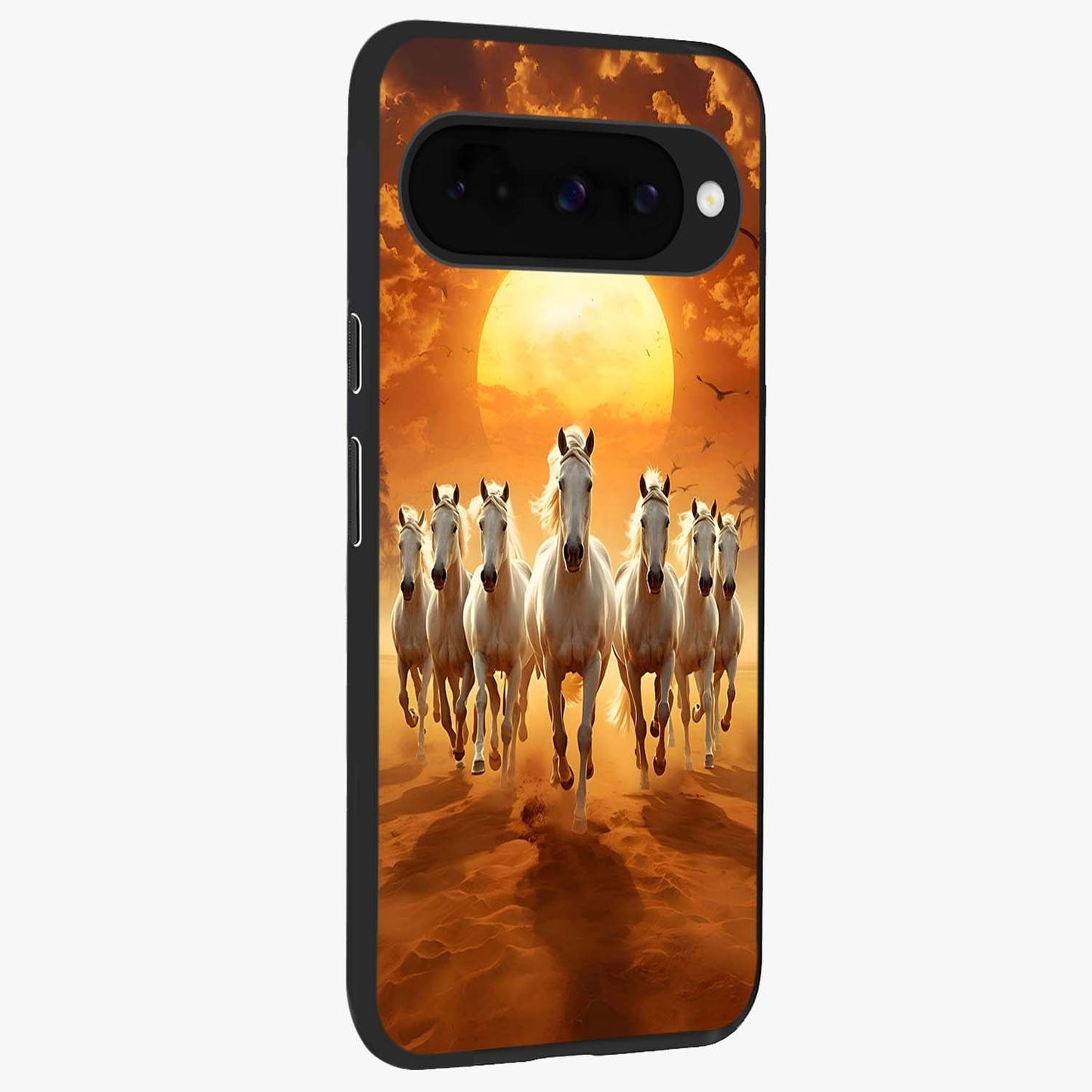 Wild Sunset Majesty Glass Case upright view showcasing dramatic sunset artwork with bold nature theme.