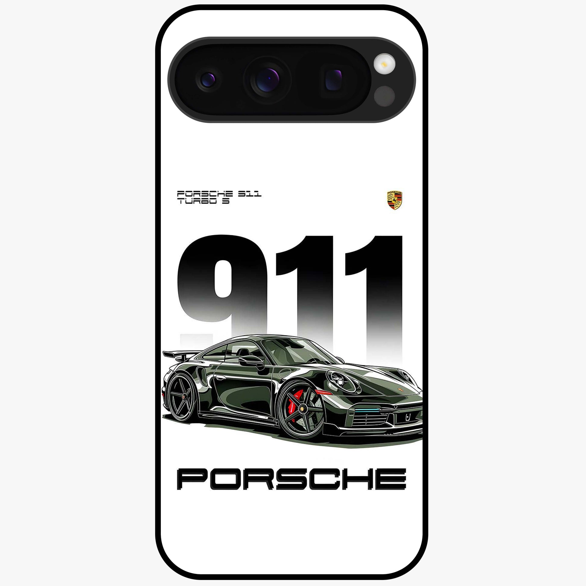 911 Turbo Dominance Glass Case showing clean flat back view with bold 911 sports car artwork and glossy glass finish.