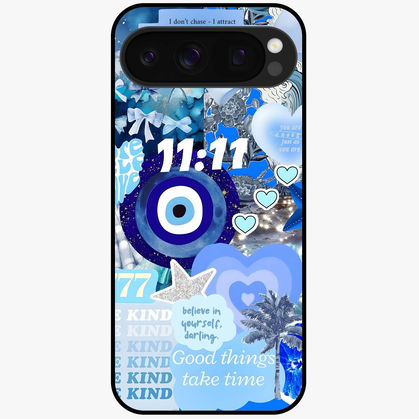 Aesthetic Be Kind Eye Glass Case showing flat back view with motivational eye artwork and glossy glass finish.