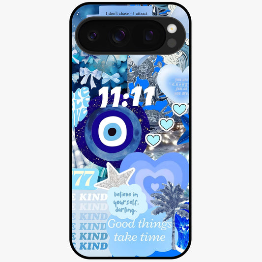Aesthetic Be Kind Eye Glass Case showing flat back view with motivational eye artwork and glossy glass finish.