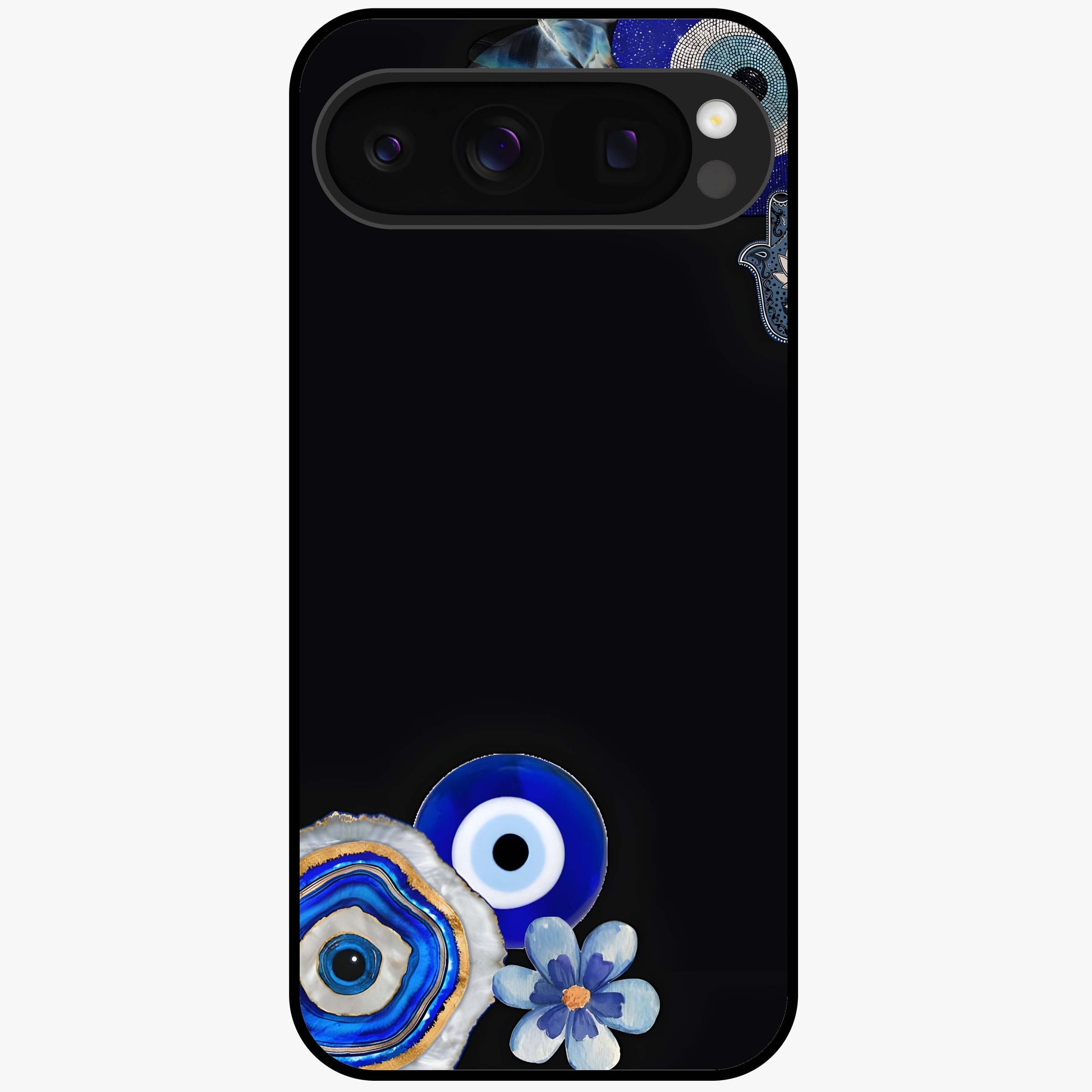 Aesthetic Blue Evil Eye Glass Case showing flat back view with protective evil eye artwork and glossy glass finish.