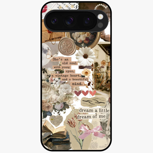 Aesthetic Brown Vintage Collage Glass Case showing flat back view with retro collage artwork and glossy glass finish.