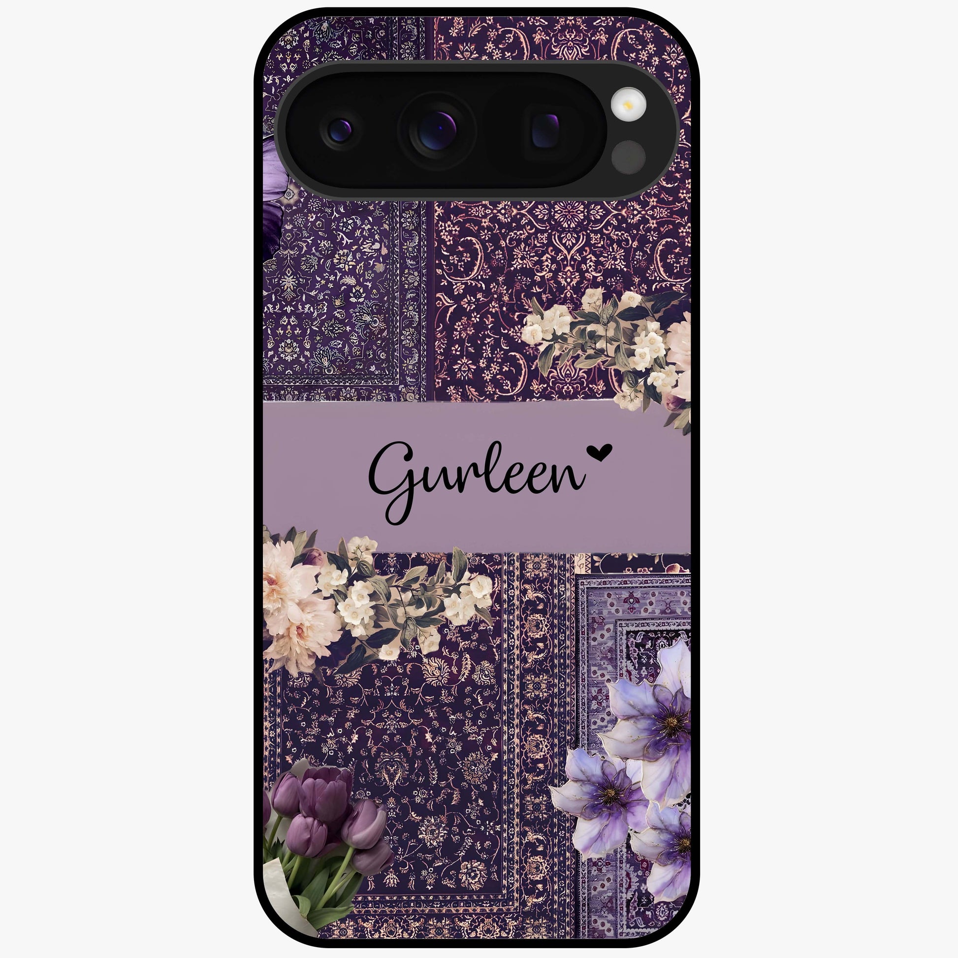 Antique Floral Whisper Custom Name Glass Case showing flat back view with vintage floral artwork and personalized name design.