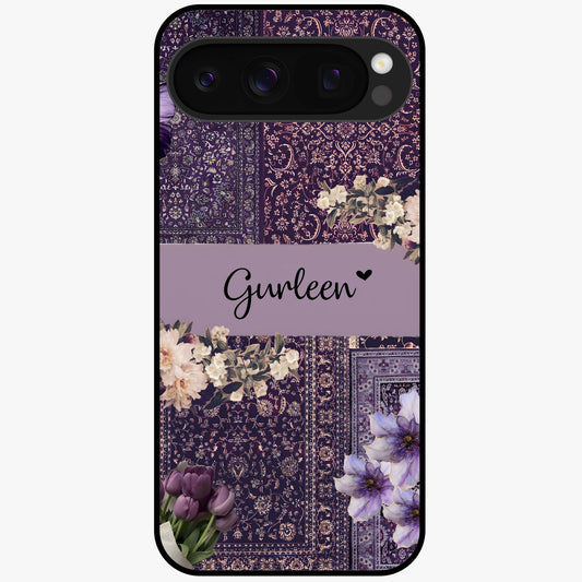 Antique Floral Whisper Custom Name Glass Case showing flat back view with vintage floral artwork and personalized name design.