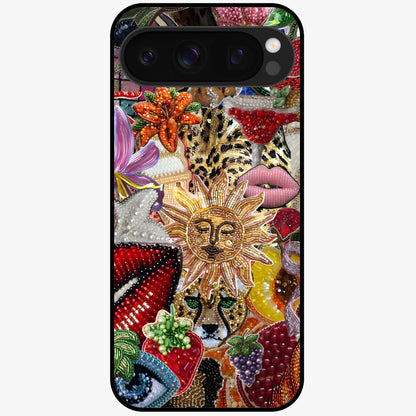 Beaded Fashion Jungle Glass Case showing flat back view with vibrant jungle inspired bead artwork and glossy glass finish.