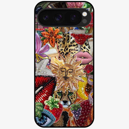 Beaded Fashion Jungle Glass Case showing flat back view with vibrant jungle inspired bead artwork and glossy glass finish.