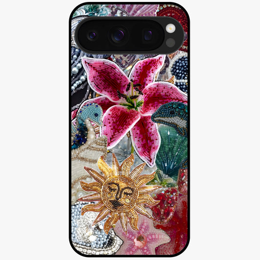 Beaded Garden Fantasy Glass Case showing flat back view with dreamy garden bead artwork and glossy glass finish.