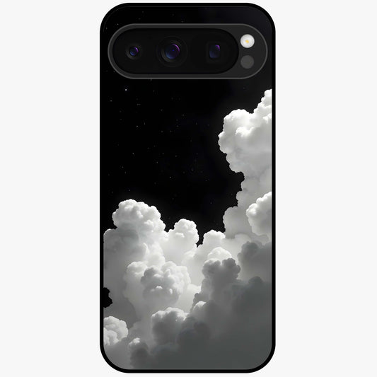Black Background With White Cloud Glass Case showing flat back view with minimal cloud artwork on dark background and glossy glass finish.