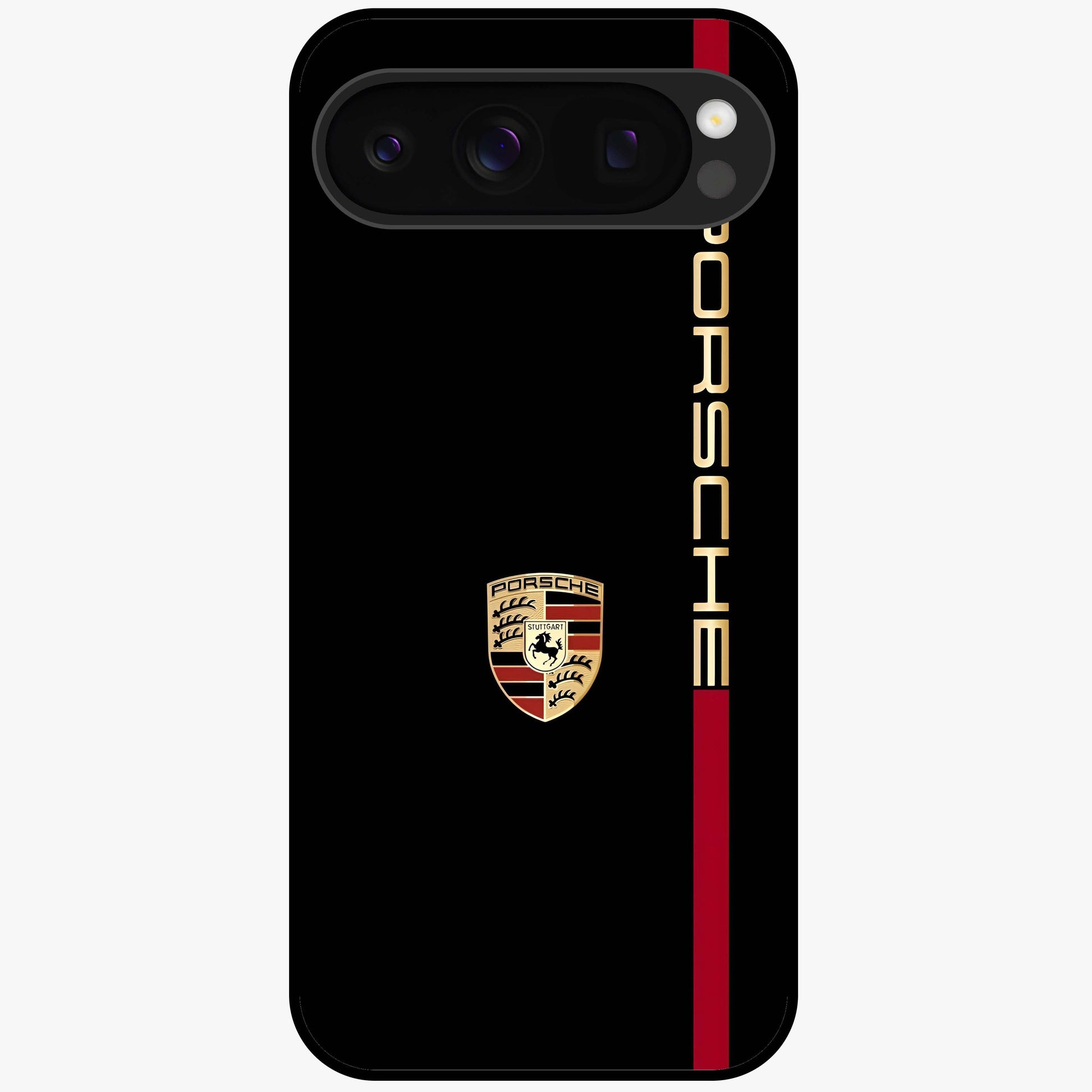 Black Minimal Porsche Glass Case showing flat back view with sleek minimal sports car artwork and glossy glass finish.