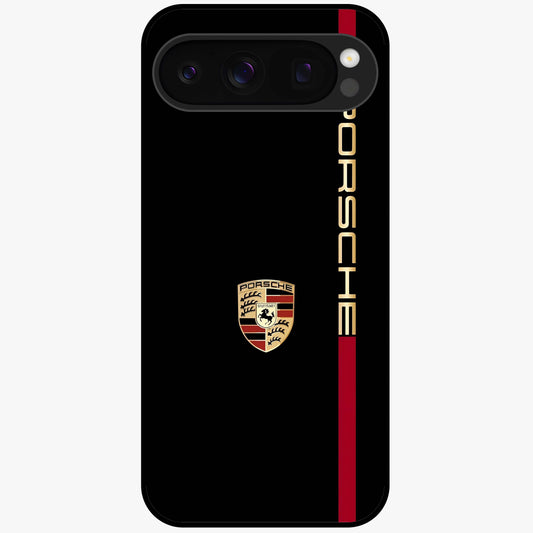 Black Minimal Porsche Glass Case showing flat back view with sleek minimal sports car artwork and glossy glass finish.