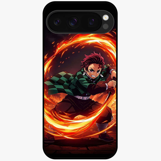 Blazing Sword Resolve Glass Case showing flat back view with fiery sword artwork and glossy glass finish.