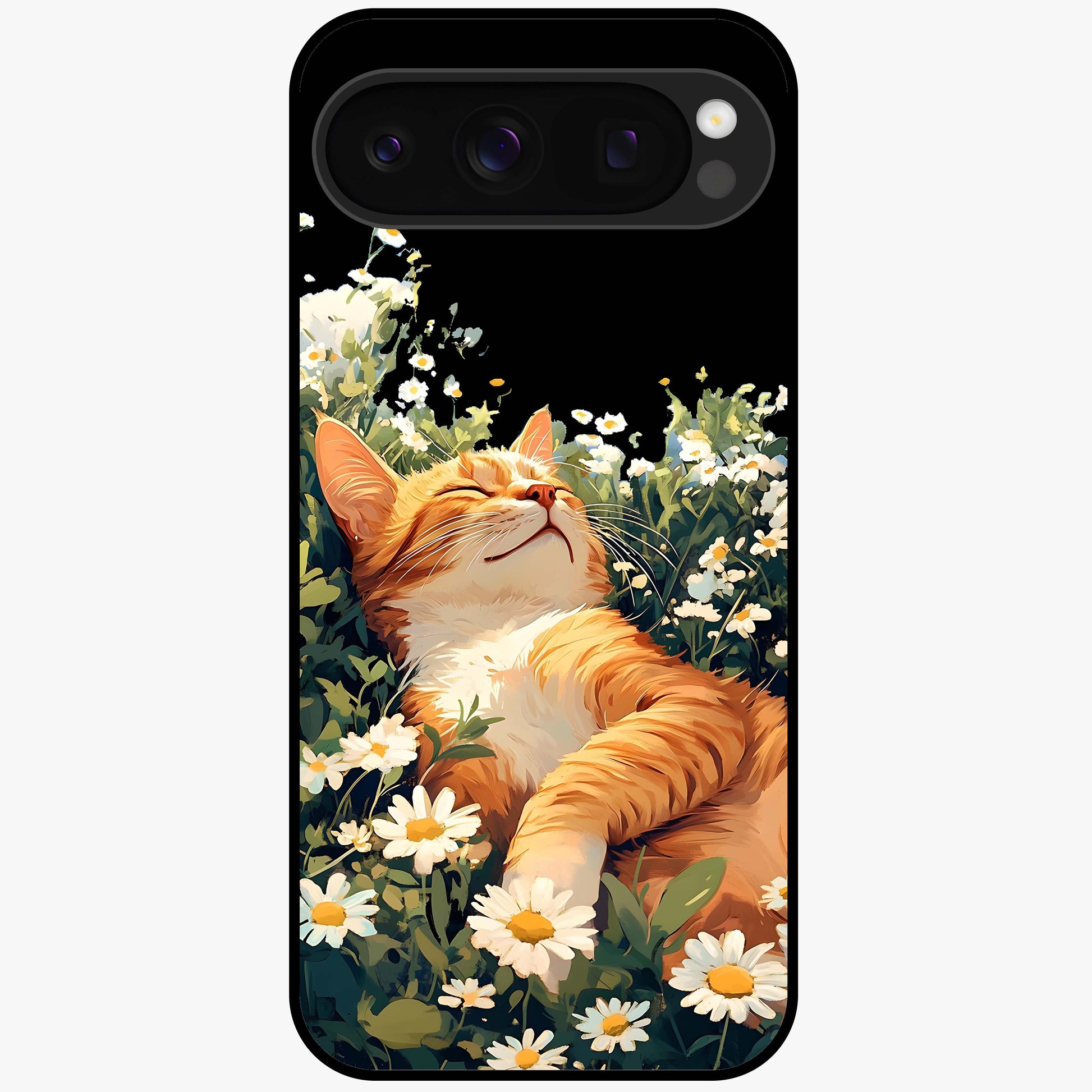 Blissful Bloom Cat Glass Case showing flat back view with cute cat and floral bloom artwork and glossy glass finish.