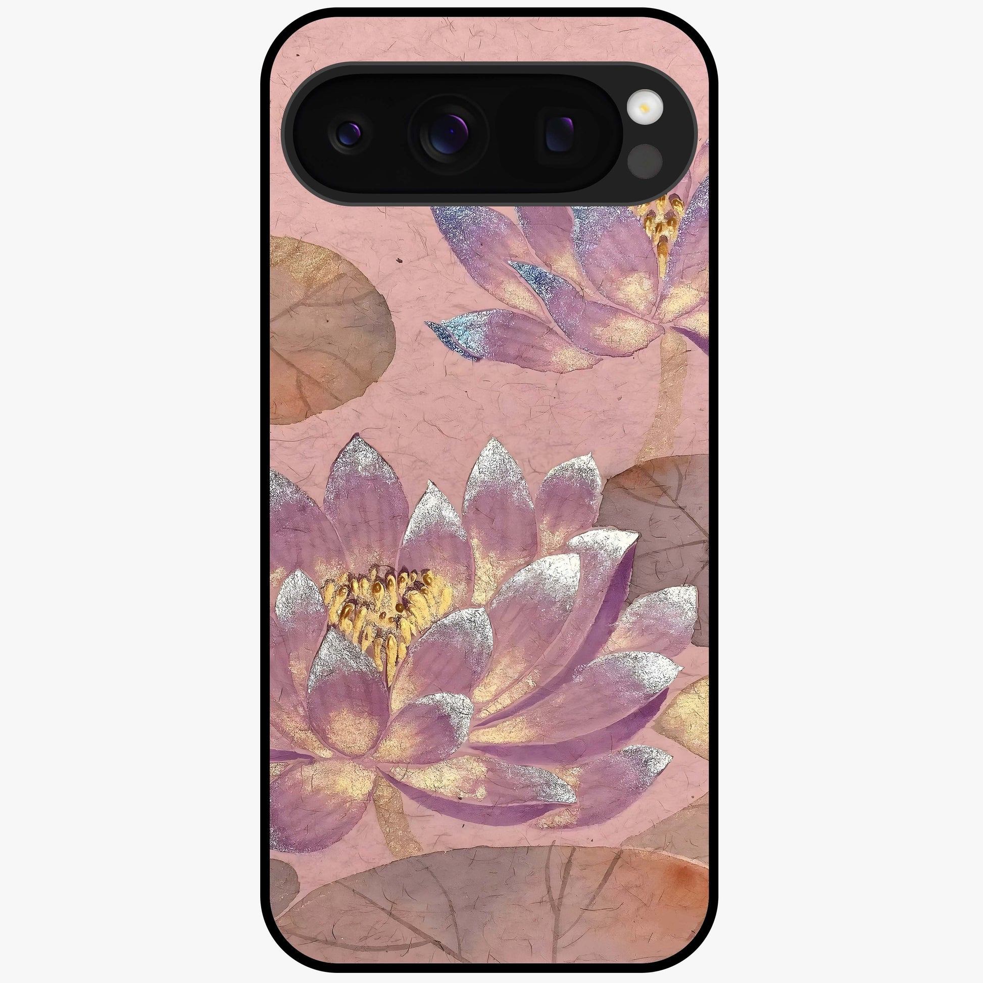 Blossom Mist Lotus Glass Case showing flat back view with serene lotus blossom artwork and glossy glass finish.