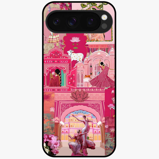 Blossoms of Rajasthan Glass Case showing flat back view with traditional floral artwork inspired by Rajasthan and glossy glass finish.
