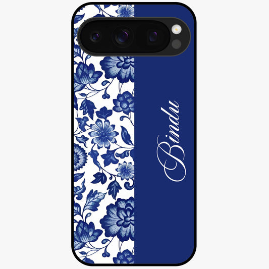 Blue Vintage Floral Pattern Glass Case upright view showcasing timeless floral illustration with vintage inspired style.