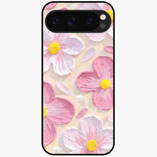 Blush Bloom Texture Glass Case showing flat back view with soft blush floral texture artwork and glossy glass finish.