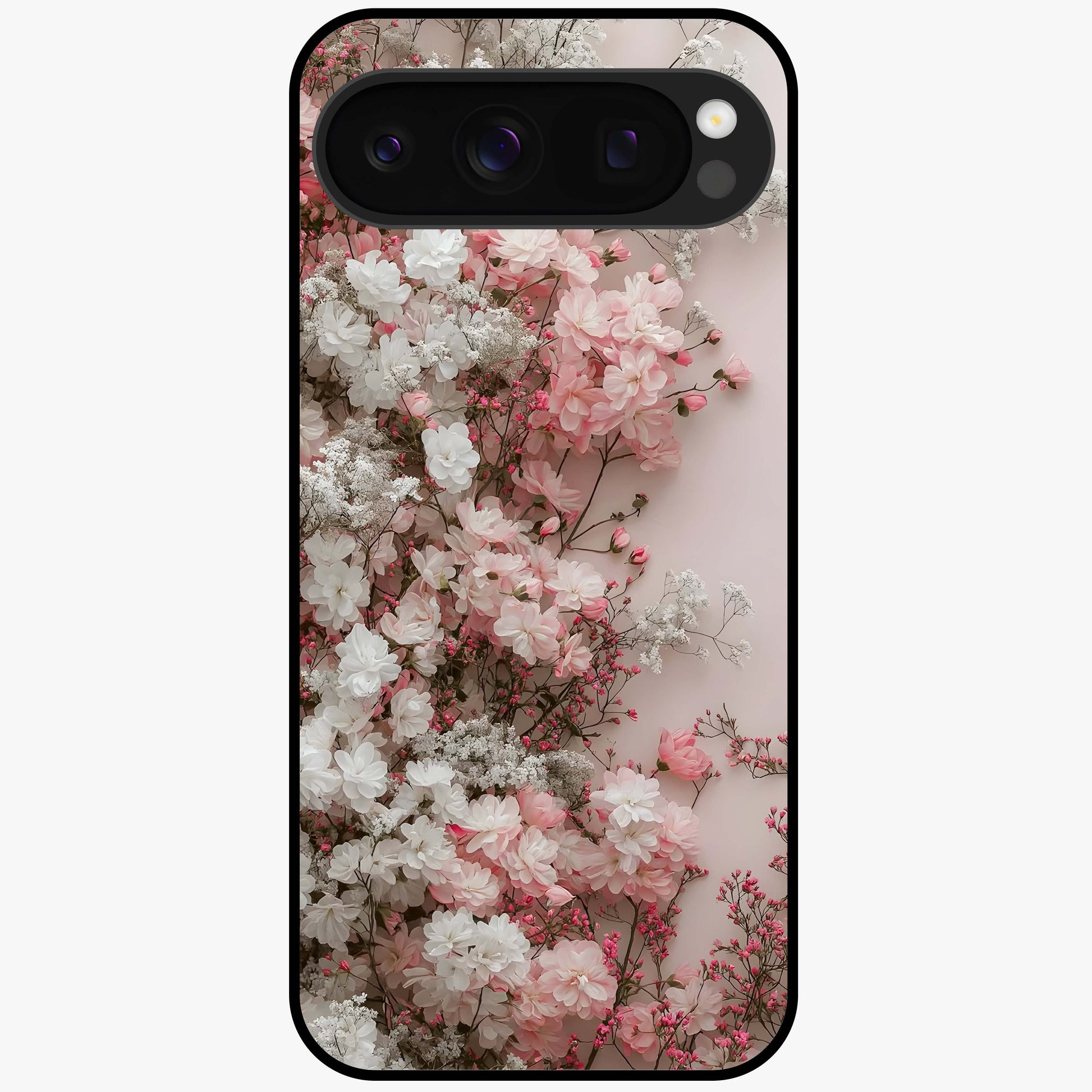 Blush Blossom Cloud Glass Case showing flat back view with dreamy blush cloud blossom artwork and glossy glass finish.