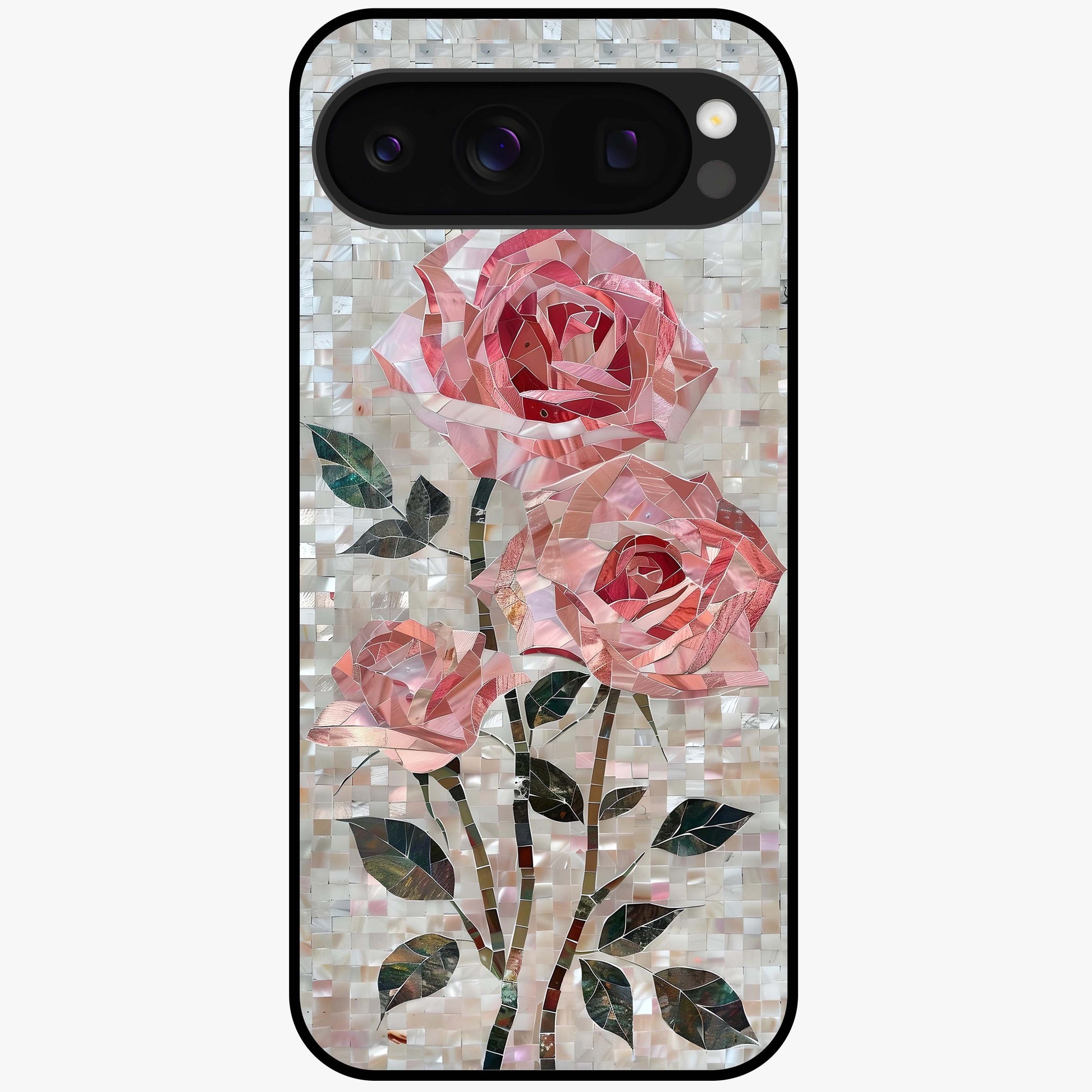 Blush Mosaic Bloom Glass Case showing flat back view with mosaic floral bloom artwork and glossy glass finish.