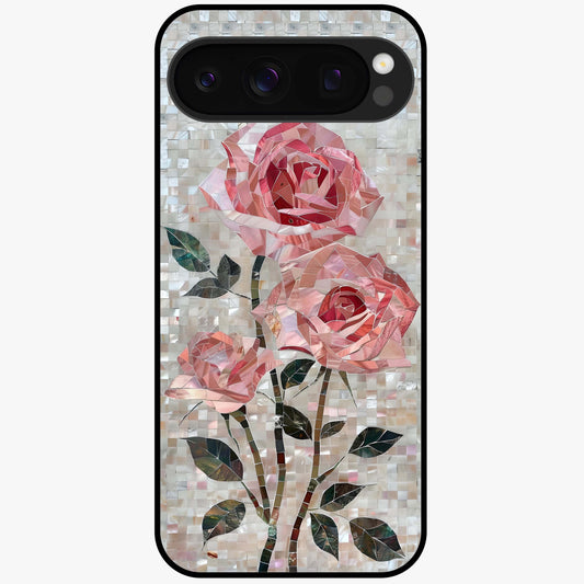 Blush Mosaic Bloom Glass Case showing flat back view with mosaic floral bloom artwork and glossy glass finish.