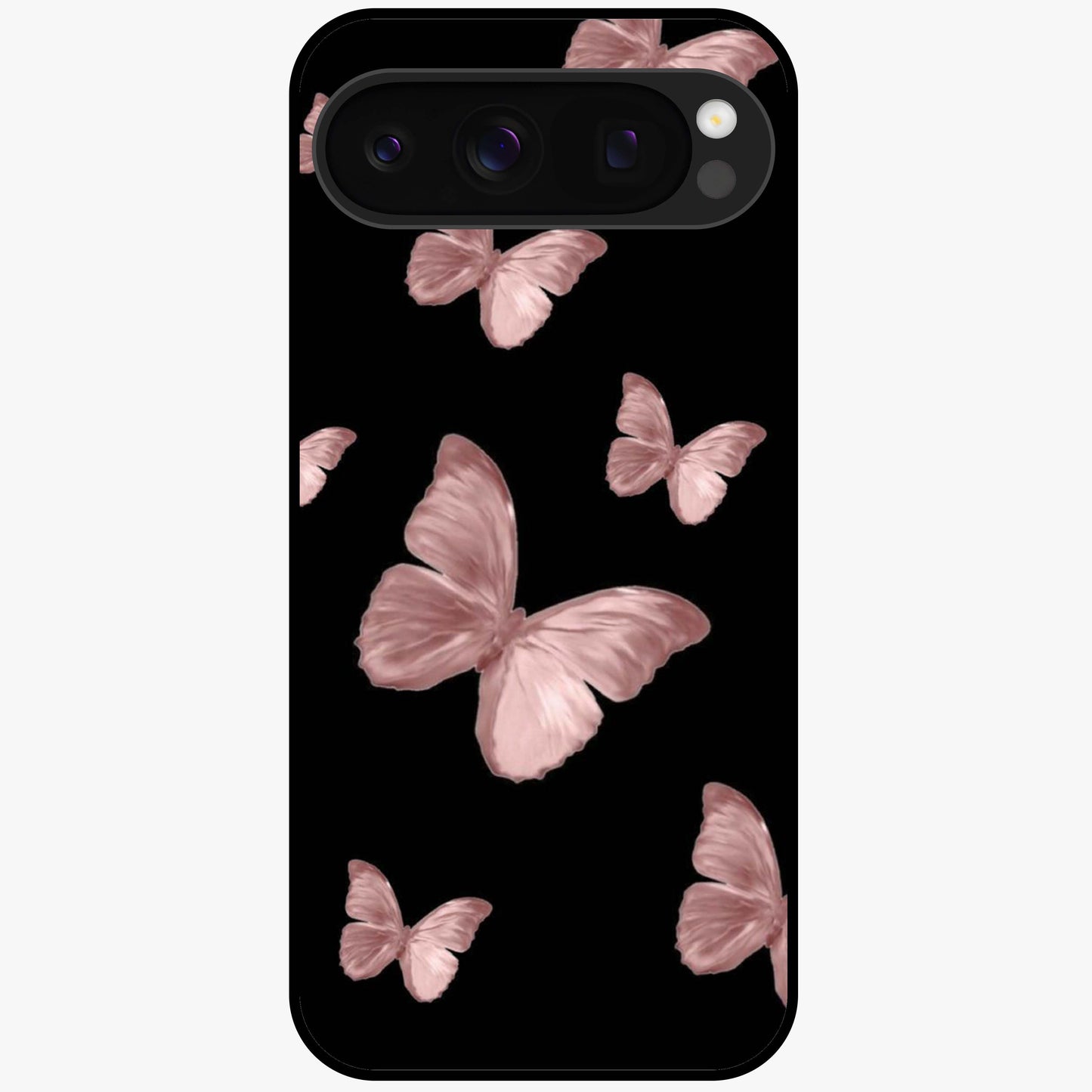 Butterfly Pattern Glass Case showing flat back view with elegant butterfly pattern artwork and glossy glass finish.