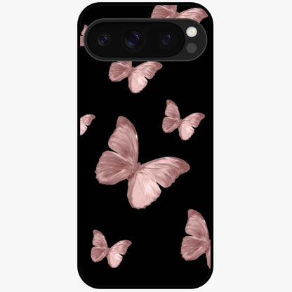 Butterfly Pattern Glass Case showing flat back view with elegant butterfly pattern artwork and glossy glass finish.