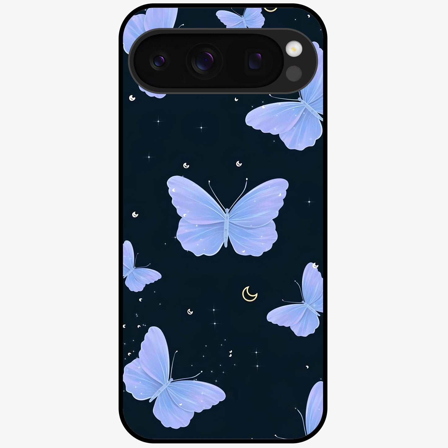 Butterfly With Stars Pattern Glass Case showing flat back view with butterfly and star pattern artwork and glossy glass finish.
