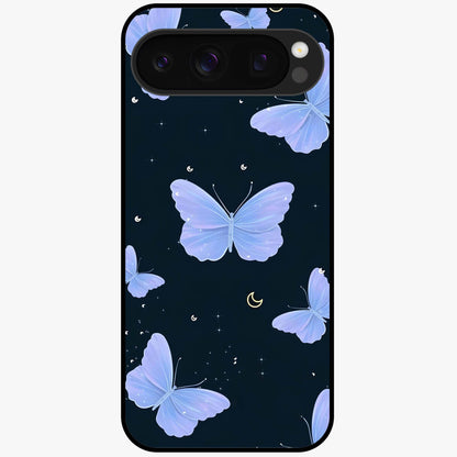 Butterfly With Stars Pattern Glass Case showing flat back view with butterfly and star pattern artwork and glossy glass finish.