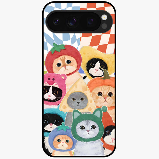 Cats in Fruits Glass Case showing flat back view with playful cat illustrations inside fruit artwork and glossy glass finish.