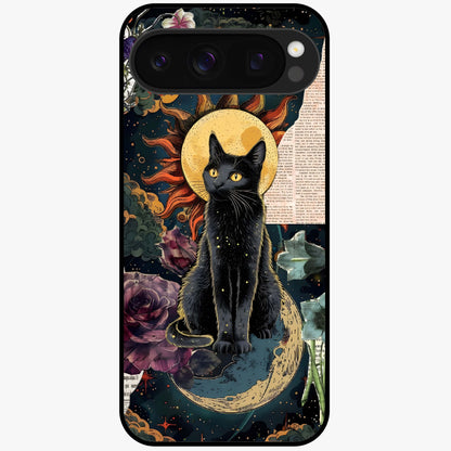Celestial Black Cat Glass Case showing flat back view with mystical black cat artwork and glossy glass finish.