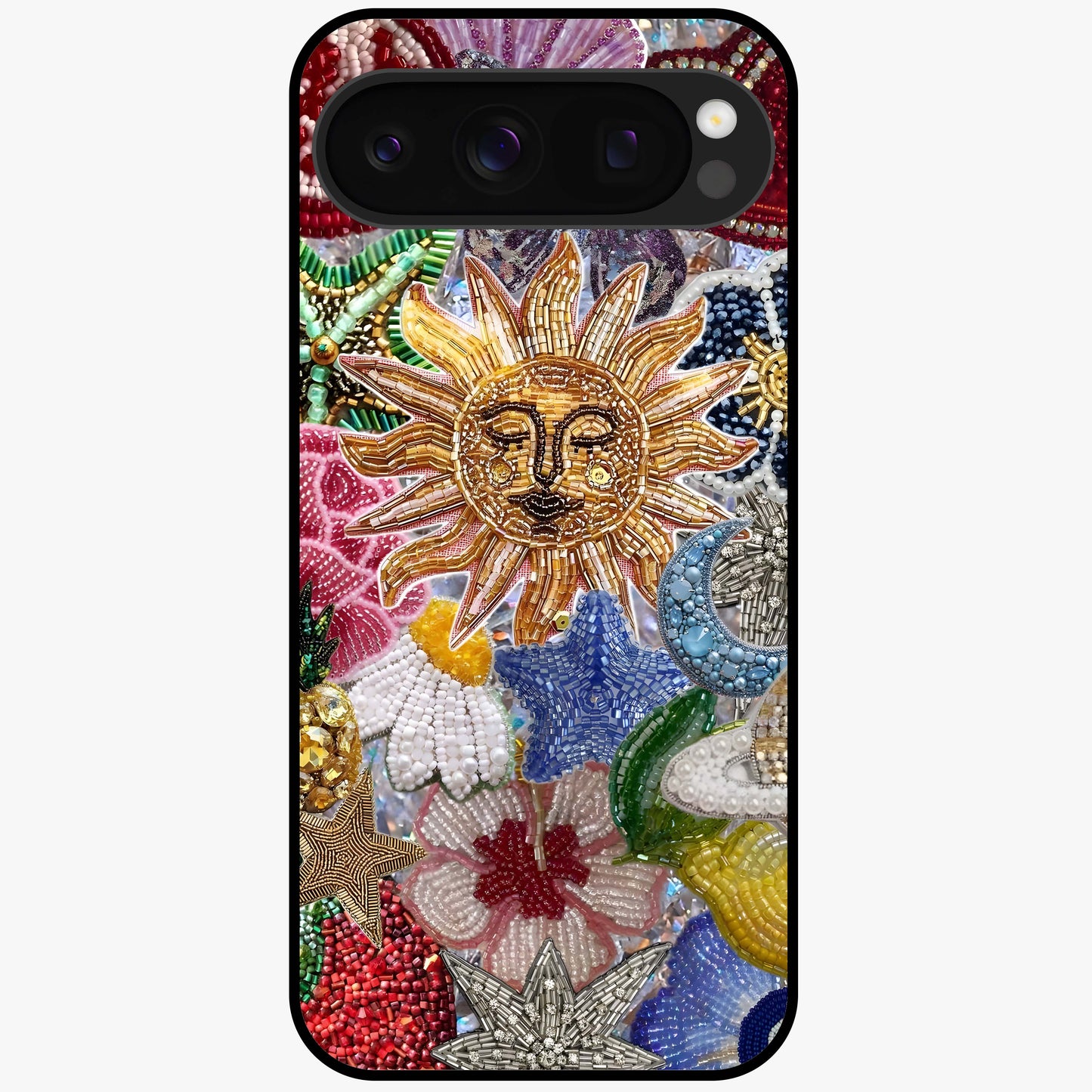 Celestial Floral and Playful Glass Case showing flat back view with floral and celestial themed artwork and glossy glass finish.