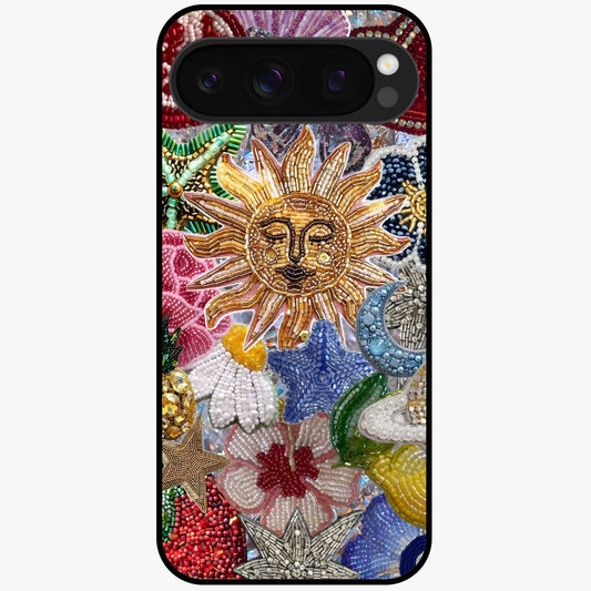 Celestial Floral and Playful Glass Case showing flat back view with floral and celestial themed artwork and glossy glass finish.