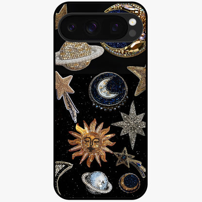 Celestial Gem Constellations Glass Case showing flat back view with sparkling constellation artwork and glossy glass finish.