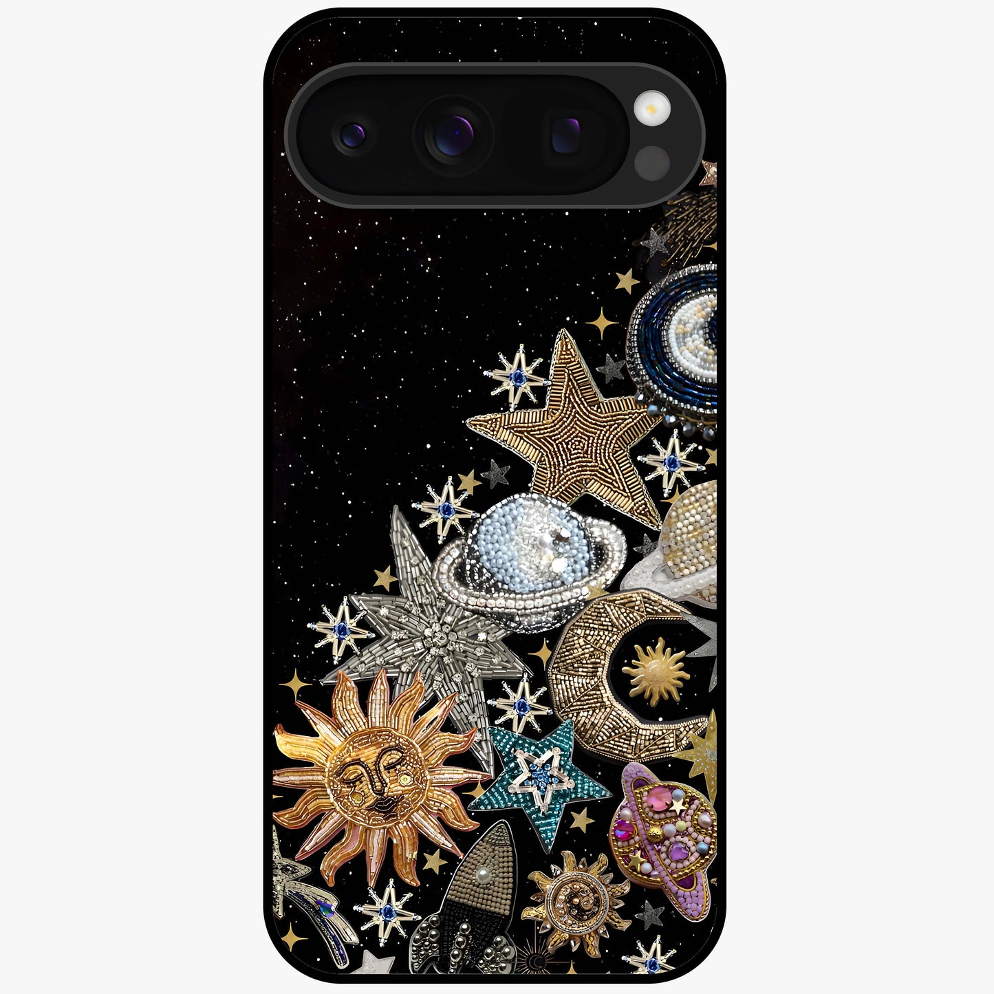 Cosmic Sparkle Dreams Glass Case showing flat back view with sparkling cosmic artwork and glossy glass finish.
