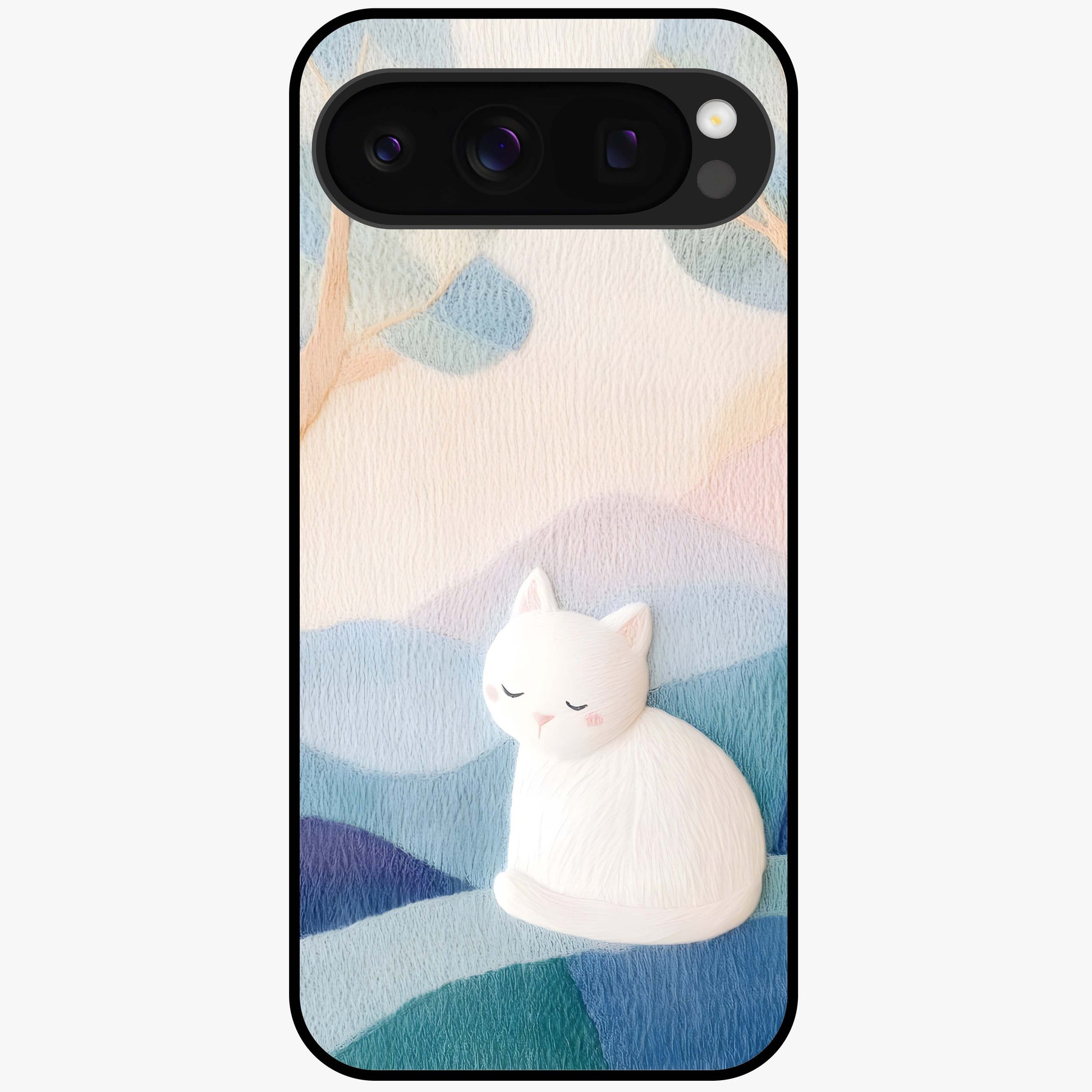 Cotton Dream Cat Glass Case showing flat back view with soft dreamy cat artwork and glossy glass finish.