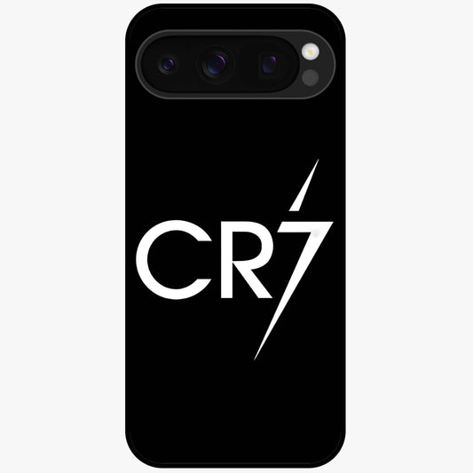 Cr7 Elite Strike Glass Case showing flat back view with dynamic football inspired artwork and glossy glass finish.