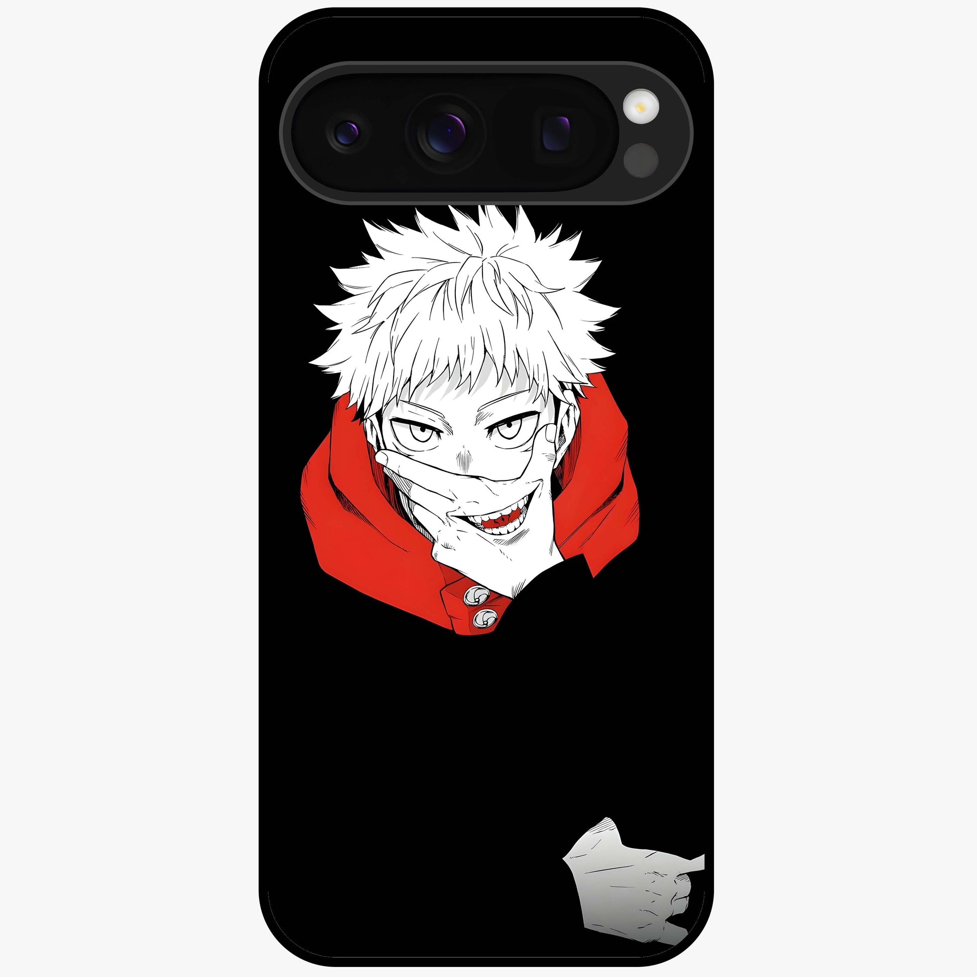 Crimson Chaos Smile Glass Case showing flat back view with bold chaotic smile artwork and glossy glass finish.