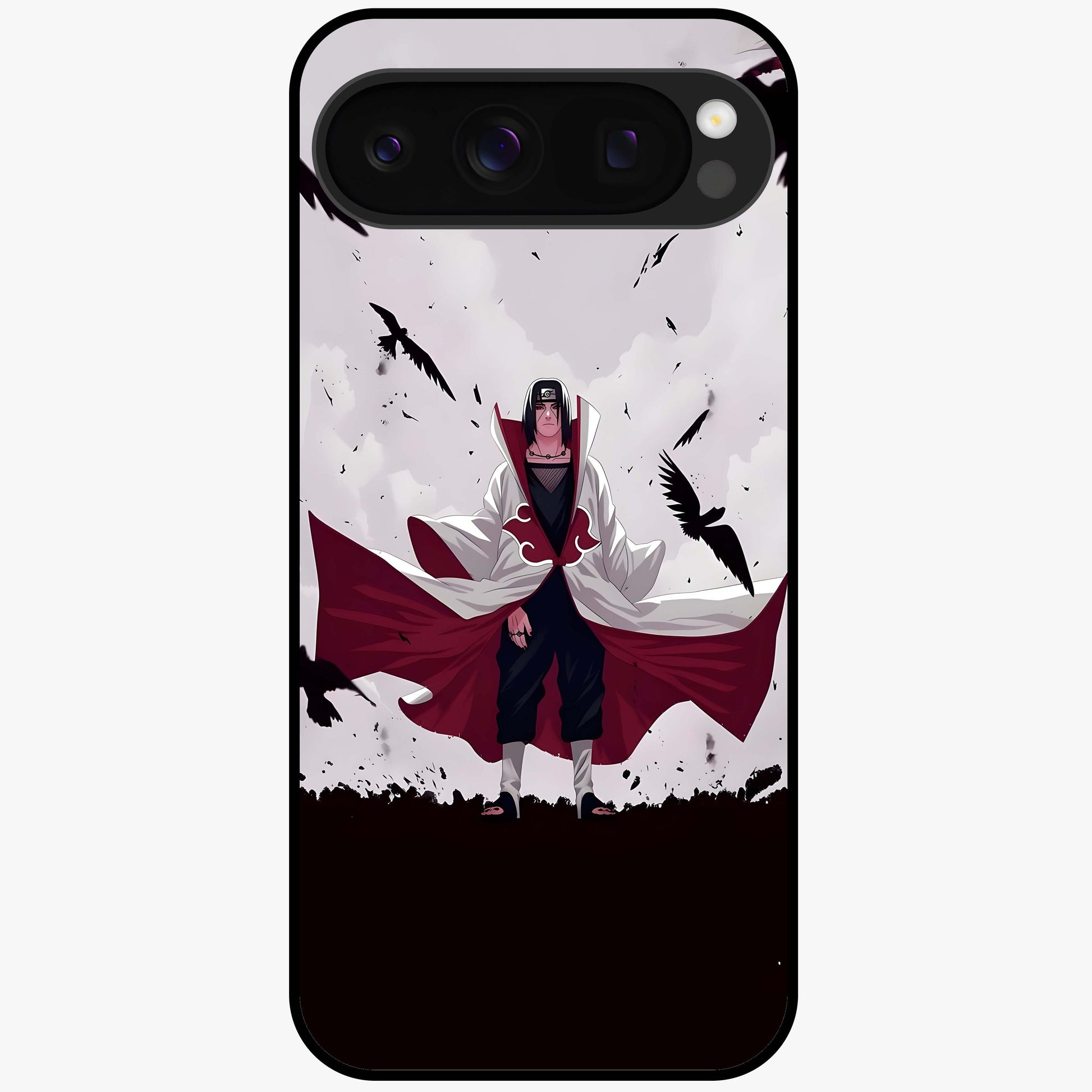 Crimson Crow Ascension Glass Case showing flat back view with mystical crow artwork and glossy glass finish.