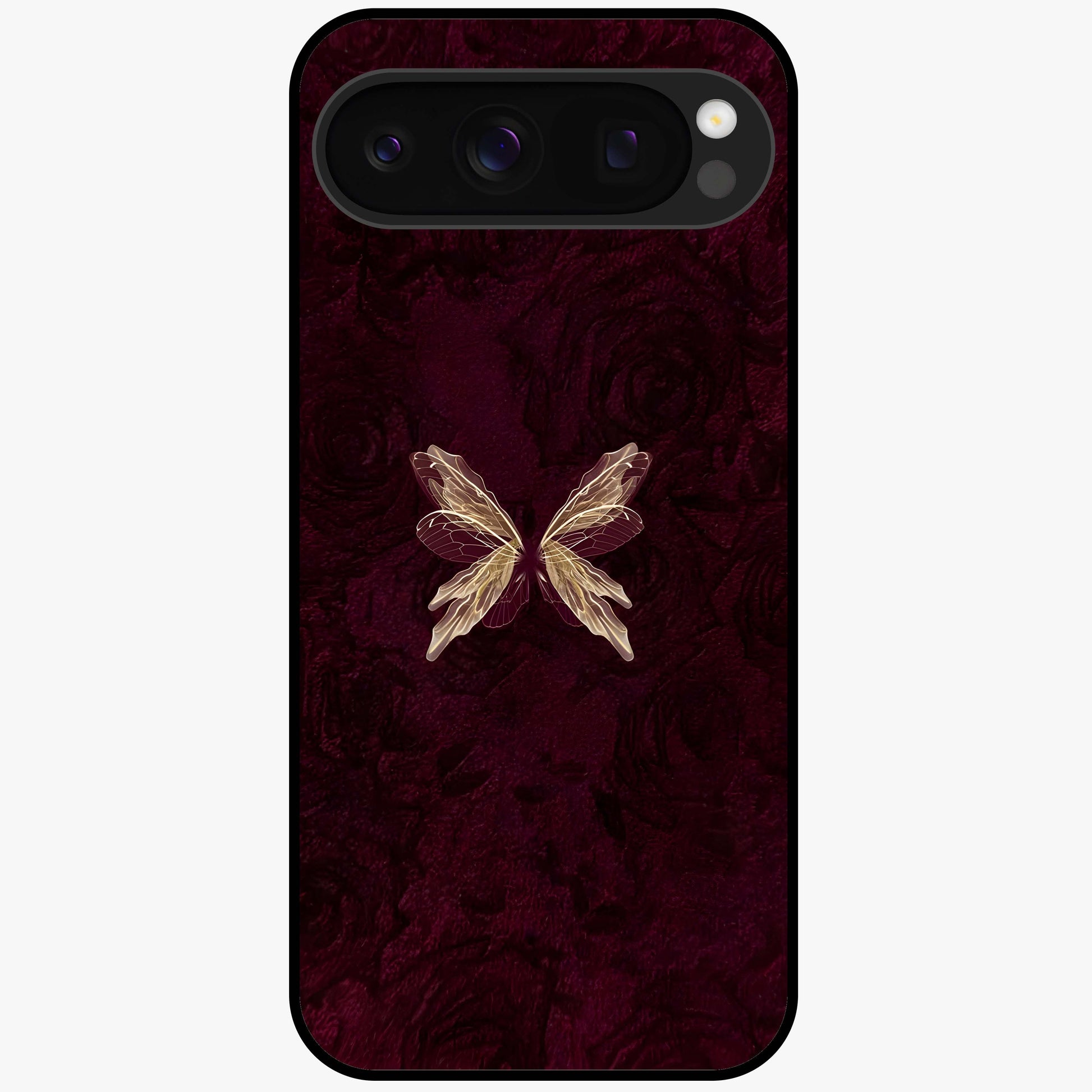 Crimson Fade Butterfly Glass Case showing flat back view with fading butterfly artwork and glossy glass finish.