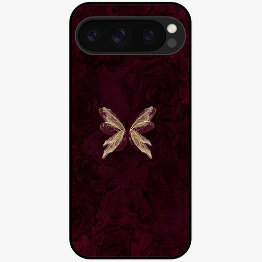 Crimson Fade Butterfly Glass Case showing flat back view with fading butterfly artwork and glossy glass finish.