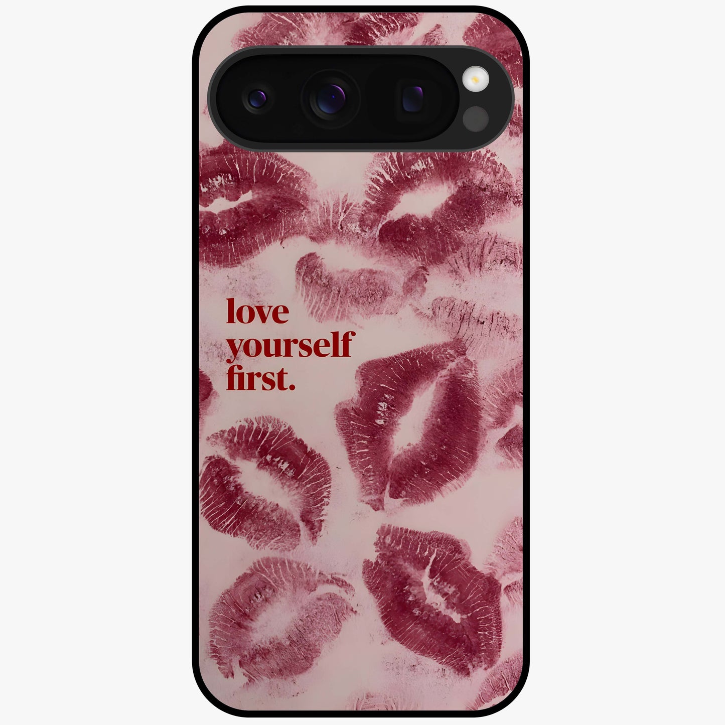 Crimson Kiss Love Glass Case showing flat back view with romantic crimson themed artwork and glossy glass finish.