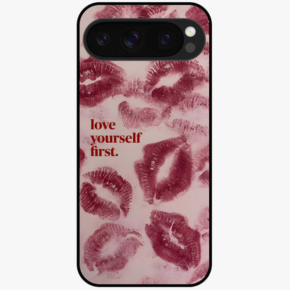 Crimson Kiss Love Glass Case showing flat back view with romantic crimson themed artwork and glossy glass finish.