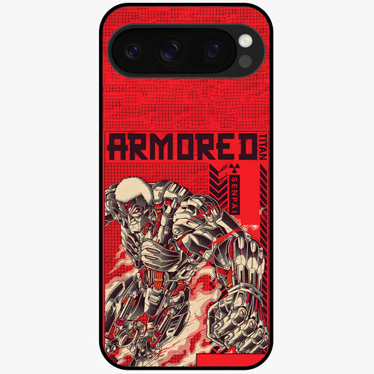 Crimson Mecha Titan Glass Case showing flat back view with powerful mech titan artwork and glossy glass finish.