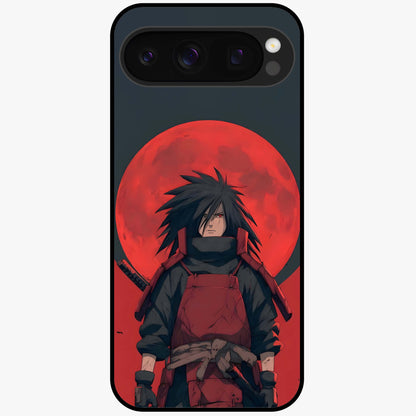 Crimson Moon Warlord Glass Case showing flat back view with mystical moon warrior artwork and glossy glass finish.