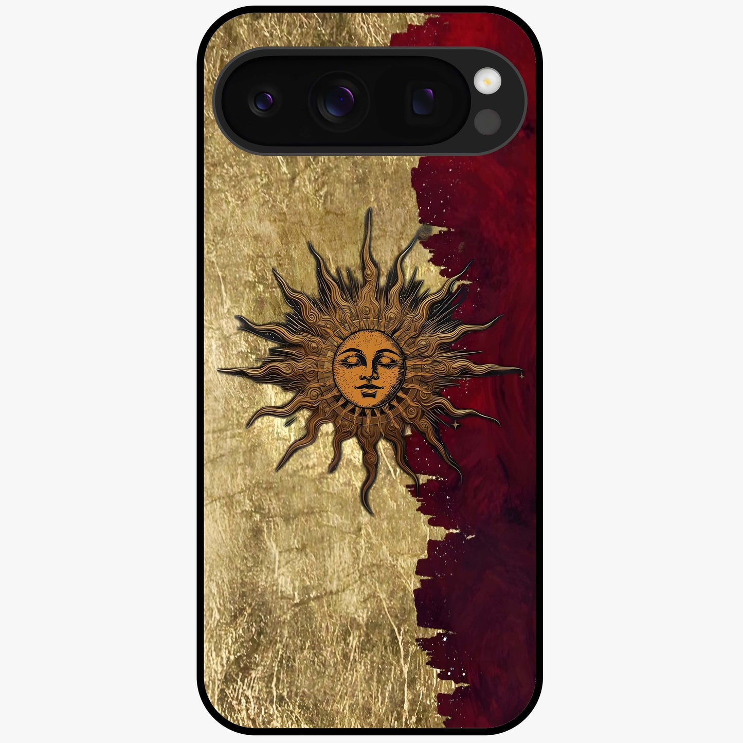 Crimson Sun Majesty Glass Case showing flat back view with radiant sun inspired artwork and glossy glass finish.