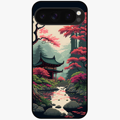Crimson Temple View Glass Case showing flat back view with temple inspired artwork and glossy glass finish.
