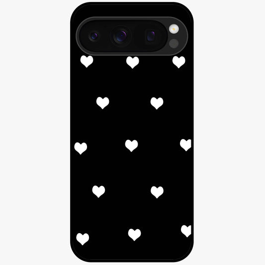 Cute And Simple White Hearts Glass Case showing flat back view with minimal white heart pattern and glossy glass finish.