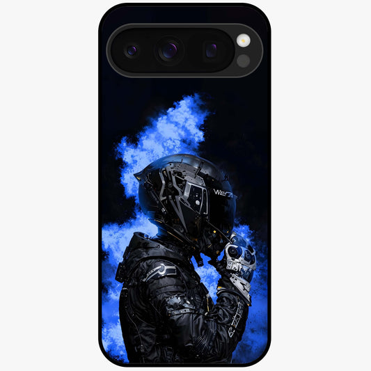 Cyber Sentinel Protocol Glass Case showing flat back view with futuristic cyber themed artwork and glossy glass finish.