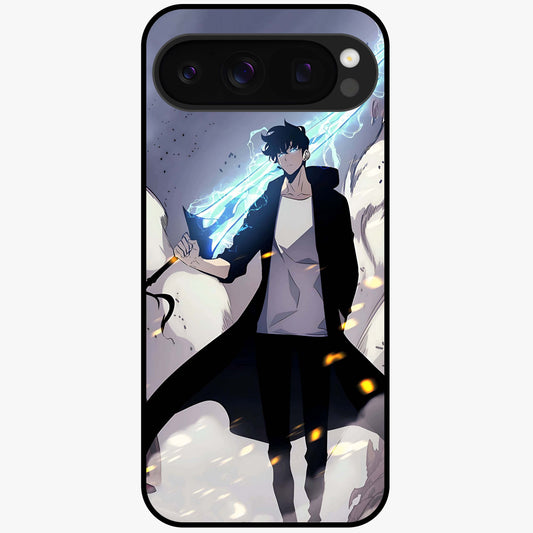 Dark Lightning Anime Warrior Glass Case showing flat back view with intense anime warrior artwork and glossy glass finish.